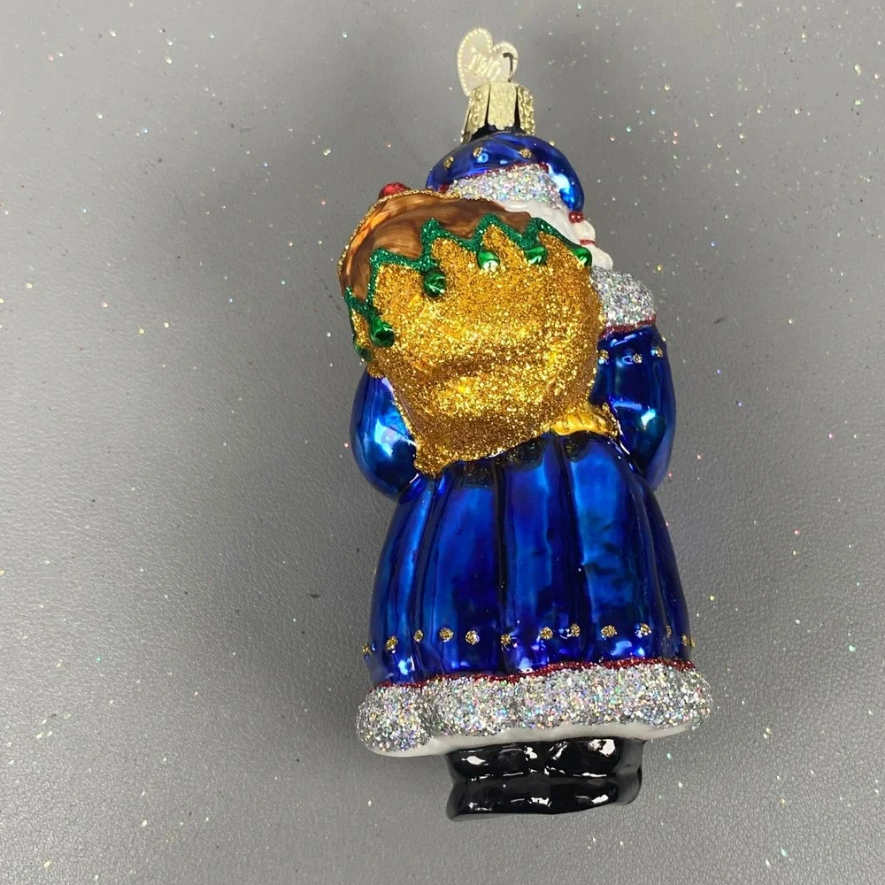 Old World Christmas 2 Santa Claus Glass Holiday Glitter Ornaments Blue & Red